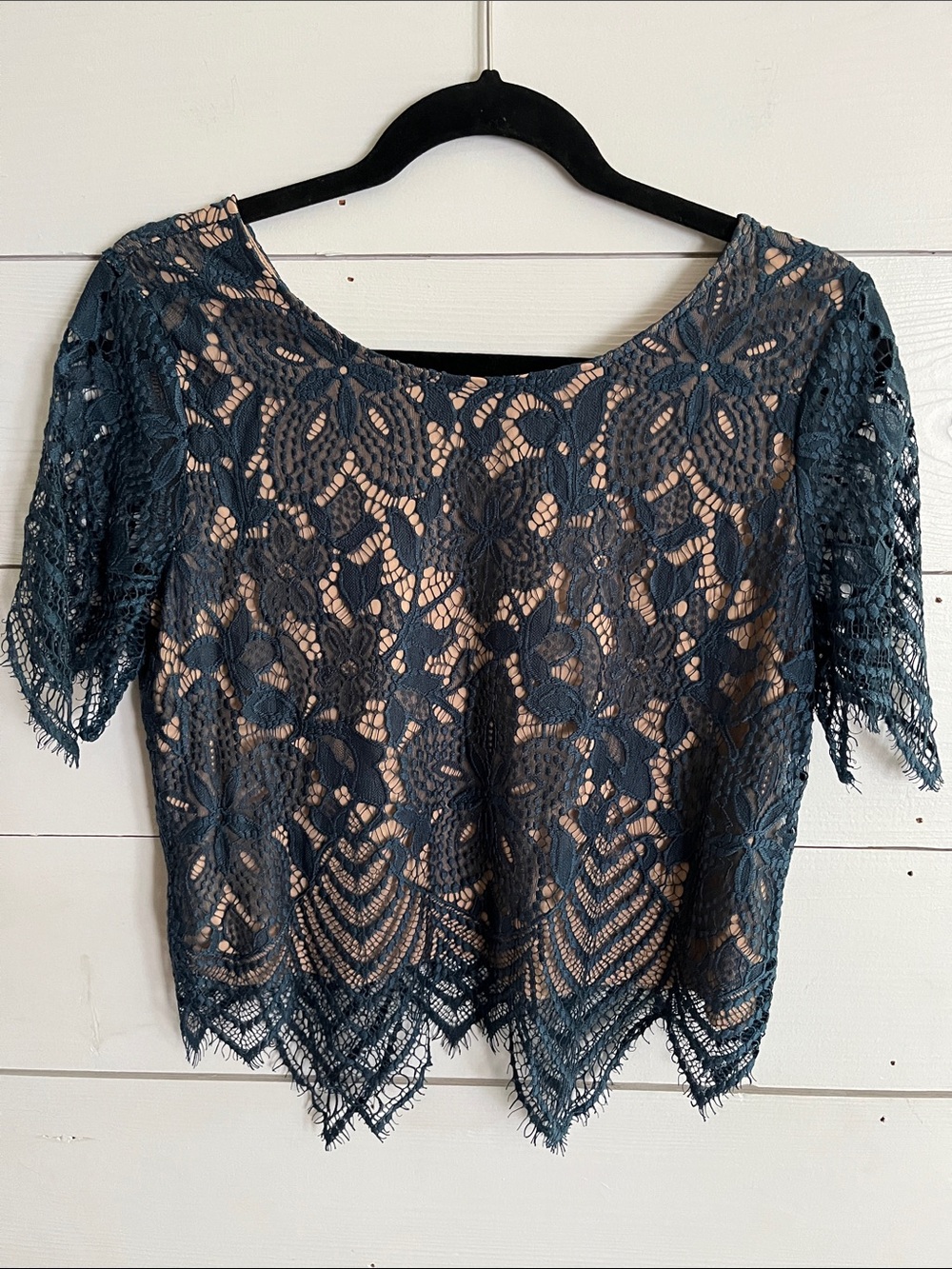 Express Teal Lace Overlay Short Sleeve Blouse